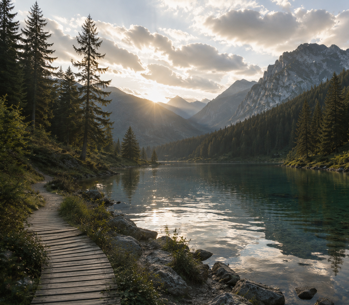 Peaceful forest and river landscape representing calm and renewal